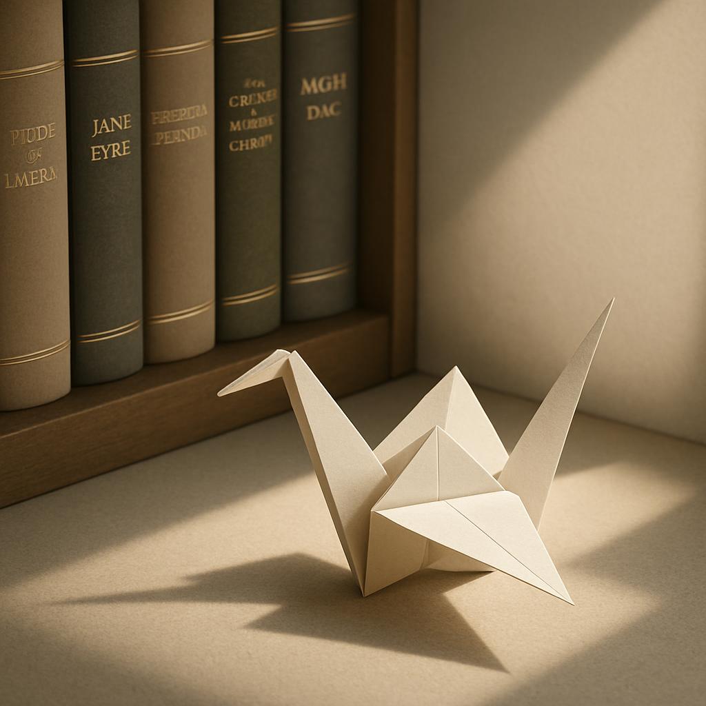 A white paper origami crane on a desk with a shadow cast in front of it, set against a backdrop of a bookshelf featuring f...
